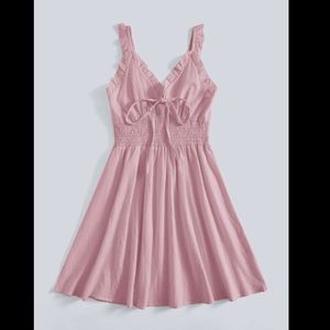 New! Pink Frill Hem Knot Shirred Dress